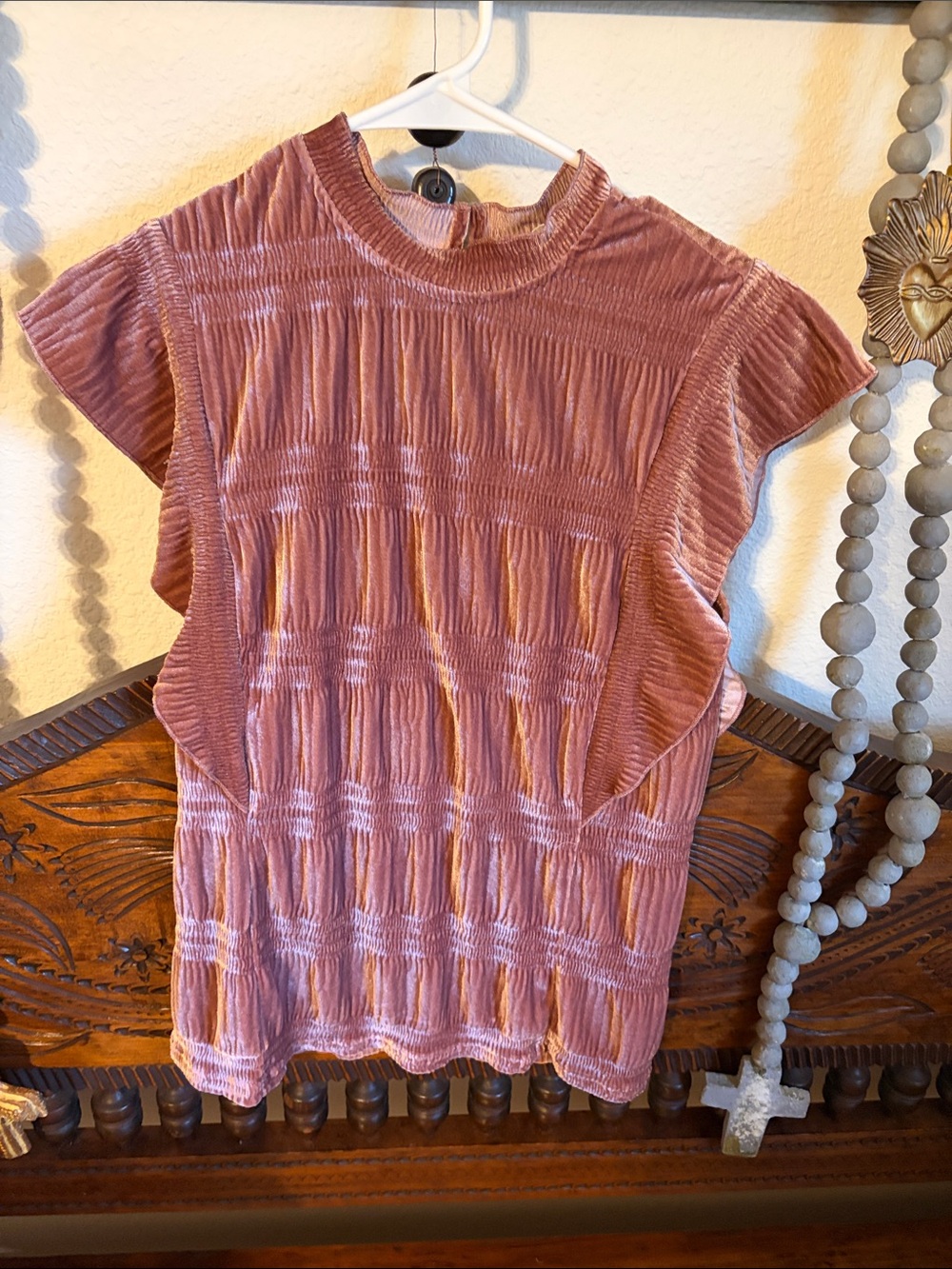 THML Smocked Velvet Ruffle Sleeve Top - Dusty Mauve